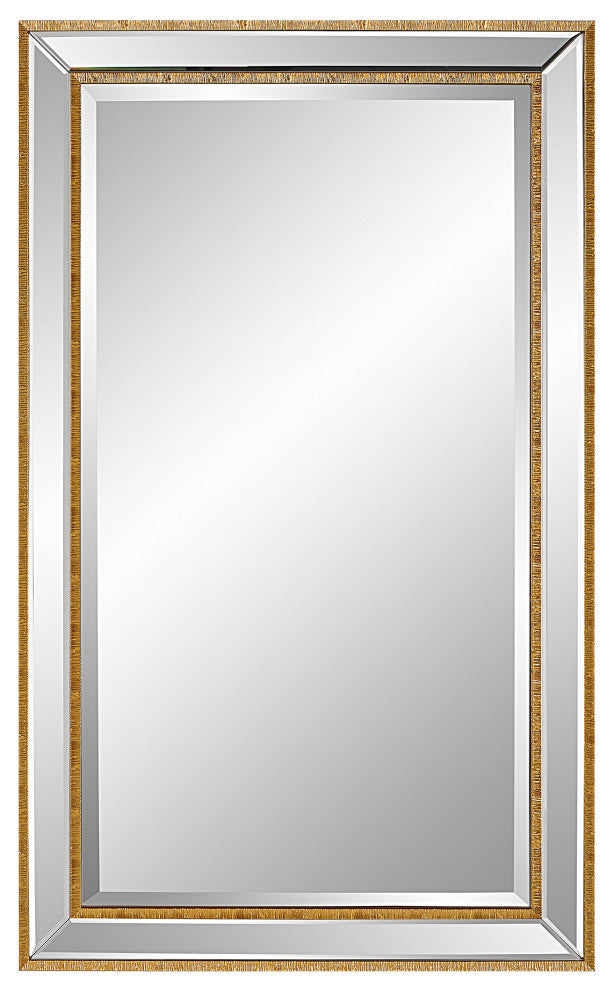 Benzara BM277046 40" Wood Rectangular Wall Mirror, Beveled Panel, Gold