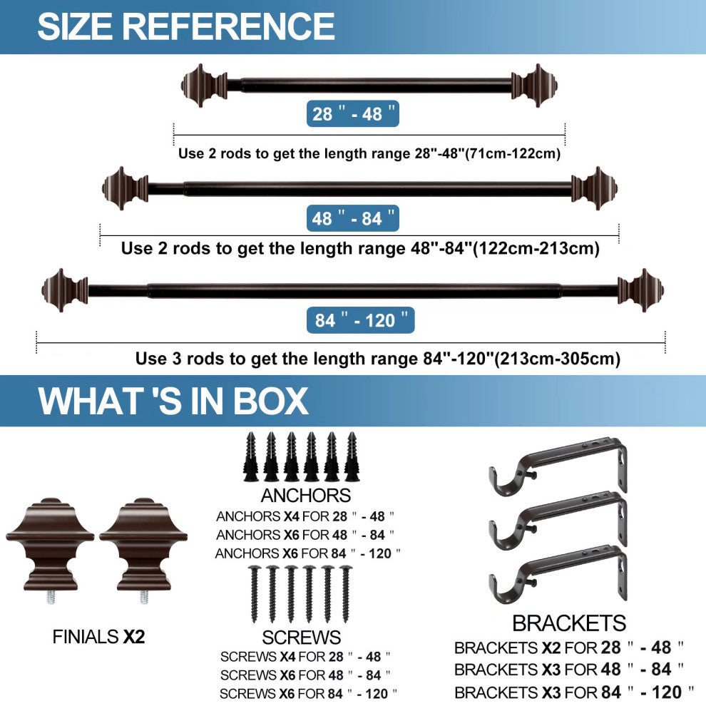 1" Pila Drapery Curtain Rod, Bronze, 84"-120"