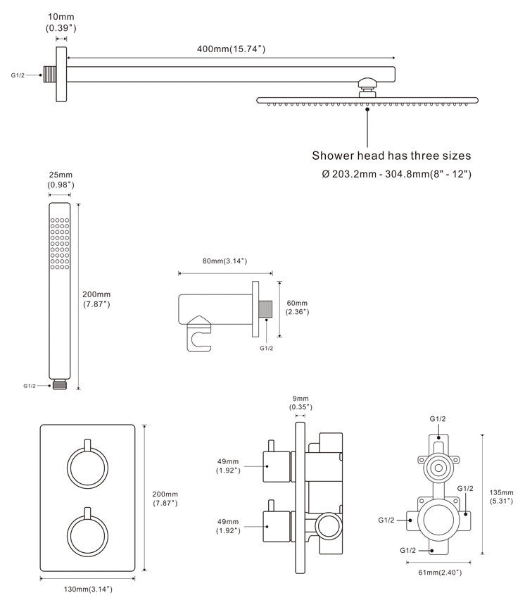 Wasser Solid Brass Complete Shower System, 12" Rain Shower Head