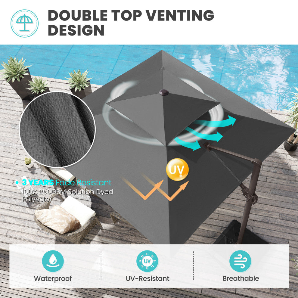 10 FT Double Top Square Offset Umbrella Outdoor Hanging Cantilever Umbrella, Dark Gary