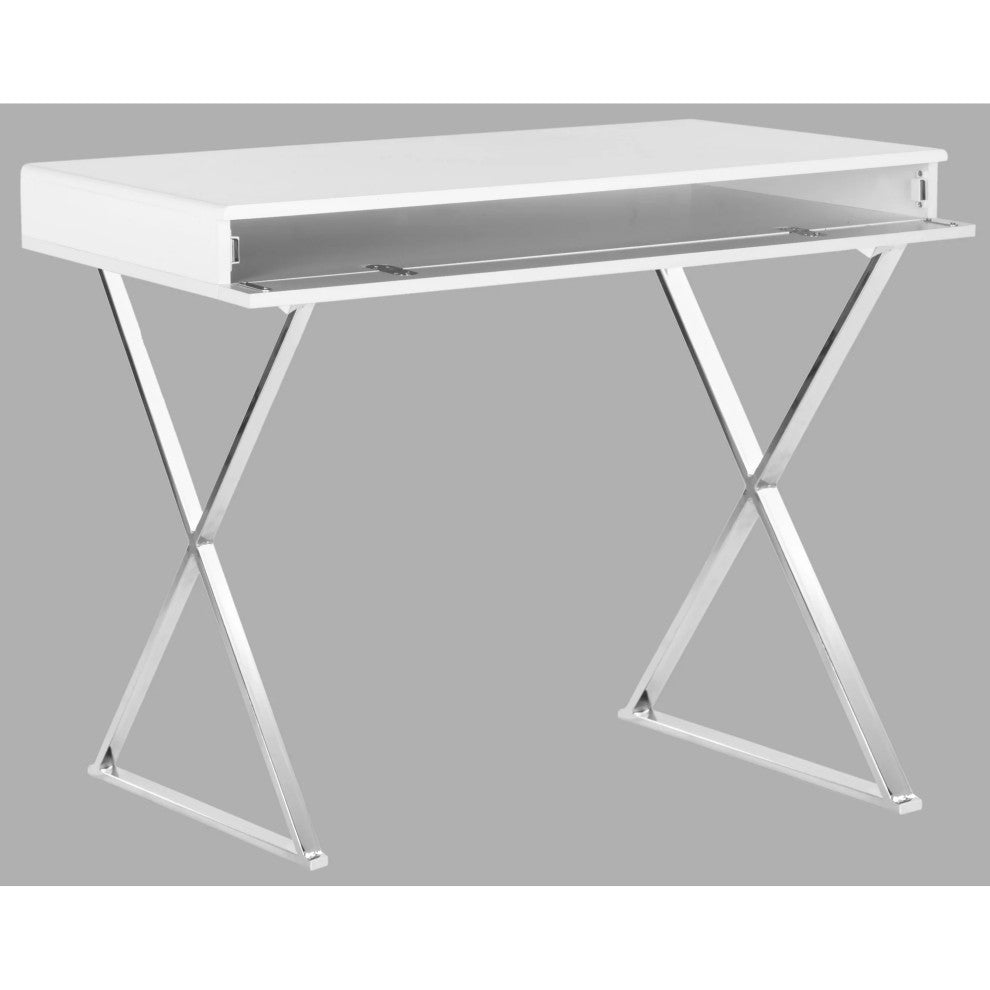 Contemporary Desk, X-Shaped Chrome Legs & Thin Pull Down Compartment, White