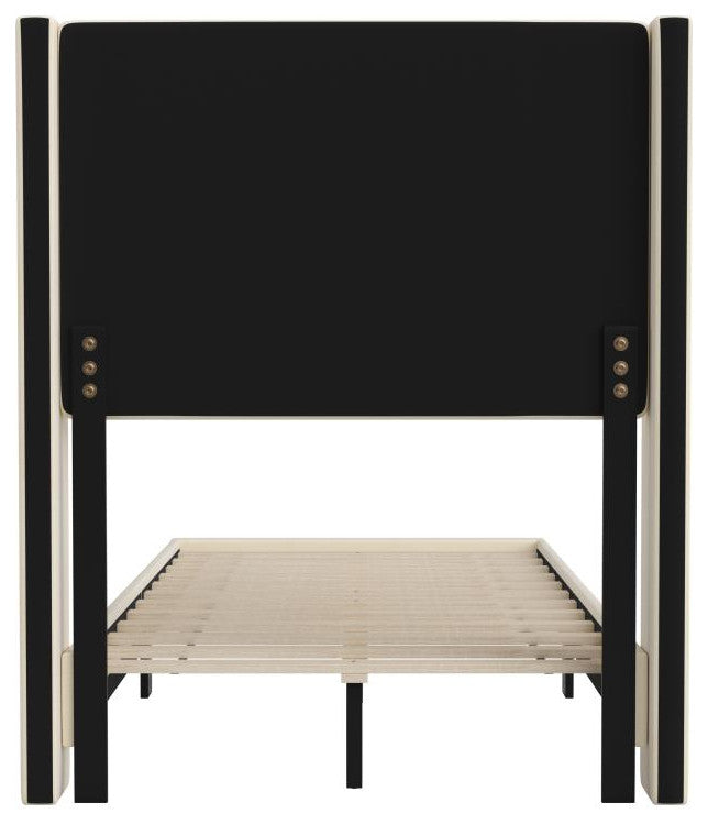 Hollis Upholstered Platform Bed with Wingback Headboard w/Mattress Foundation, Beige, Twin