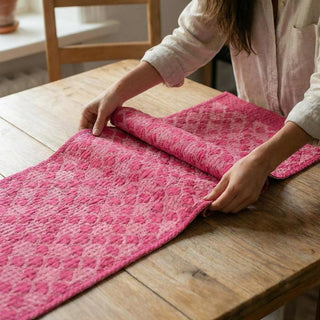 Artisan Hand Loomed Cotton Table Runner, Pink Ginkgo, 18"x96"