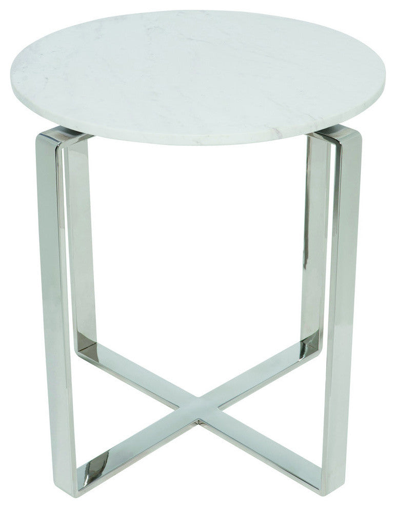 Rosa Side Table, Round Marble End Table, White Marble Top, Polished Steel Base
