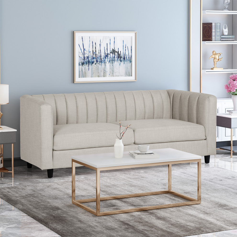 Violet Channel Stitched Fabric 3 Seat Sofa, Beige and Dark Brown