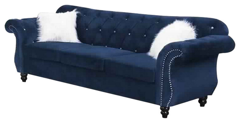 Benzara BM233090 93 Inches Nailhead Trim Velvet Sofa With Crystal Tufting, Blue