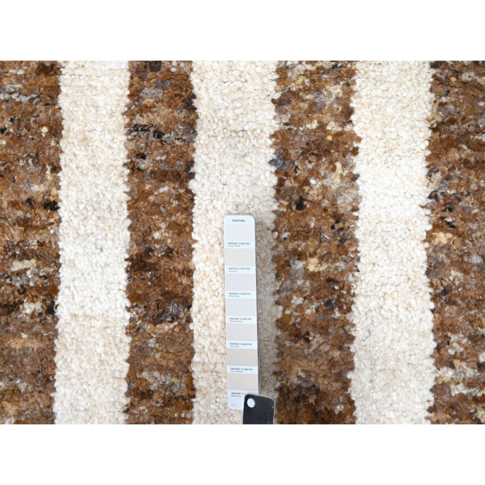 Brown Wool Minimalist Stripe Design Hand Knotted Oversized Rug 12'2"x14'10"