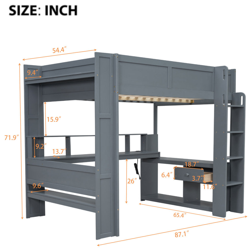Gewnee Wood Full Size Gaming Loft Bed with Desk