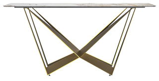 LeisureMod Nuvor Dining Table With Rectangular Top and Gold Steel Base, White Gray, 55 Inch