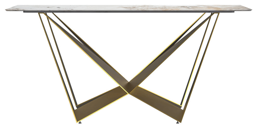 LeisureMod Nuvor Dining Table With Rectangular Top and Gold Steel Base, White Gray, 55 Inch