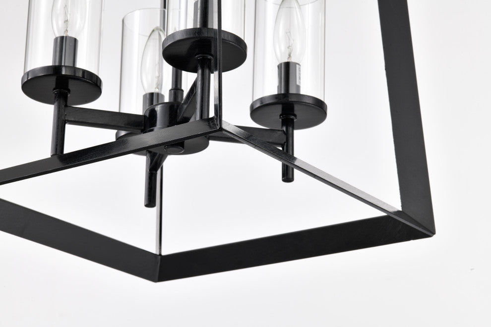 4-Light Antique Black Geometric Cage Lantern Pendant With Clear Glass Shades