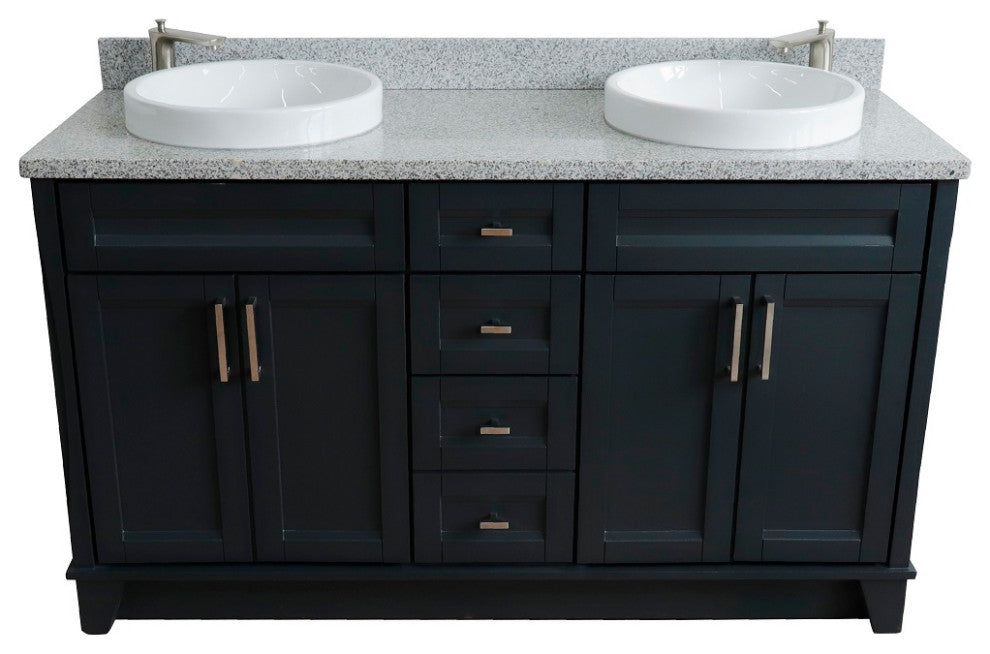 61" Double Sink Vanity, Dark Gray Finish And Gray Granite And Round Sink