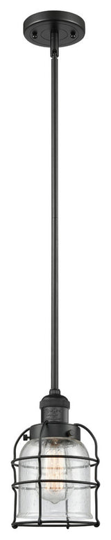 1-Light Small Bell Cage 8" Mini Pendant, Matte Black, Glass: Seedy