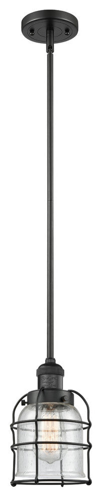 1-Light Small Bell Cage 8" Mini Pendant, Matte Black, Glass: Seedy