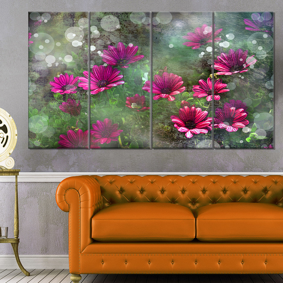 Red and Pink Flowers on Green, Large Floral Canvas Artwork, 48"x28", 4 Panels