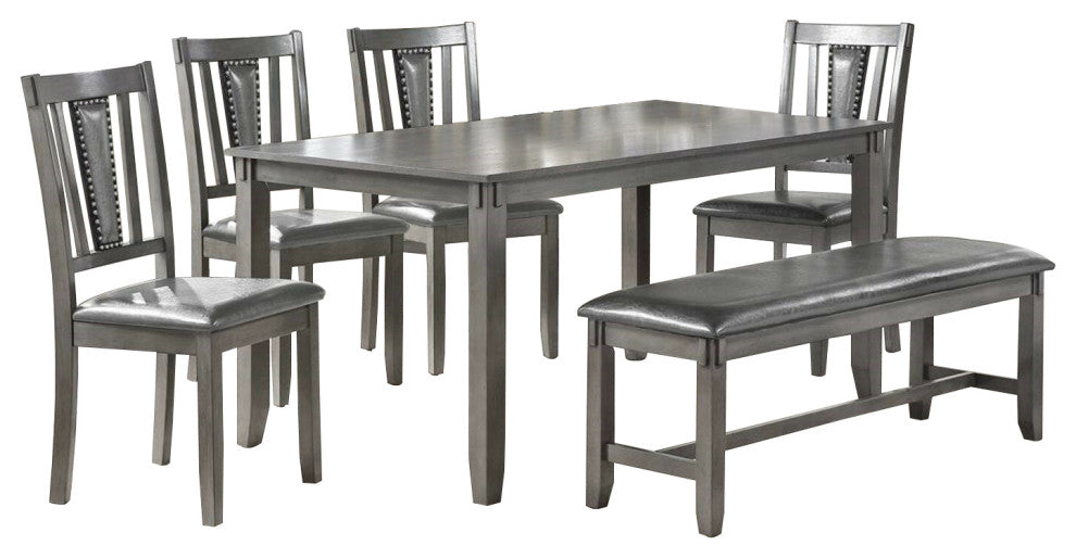 Benzara BM228549 6 Piece Dining Set with Leatherette Padded Chair & Bench, Gray