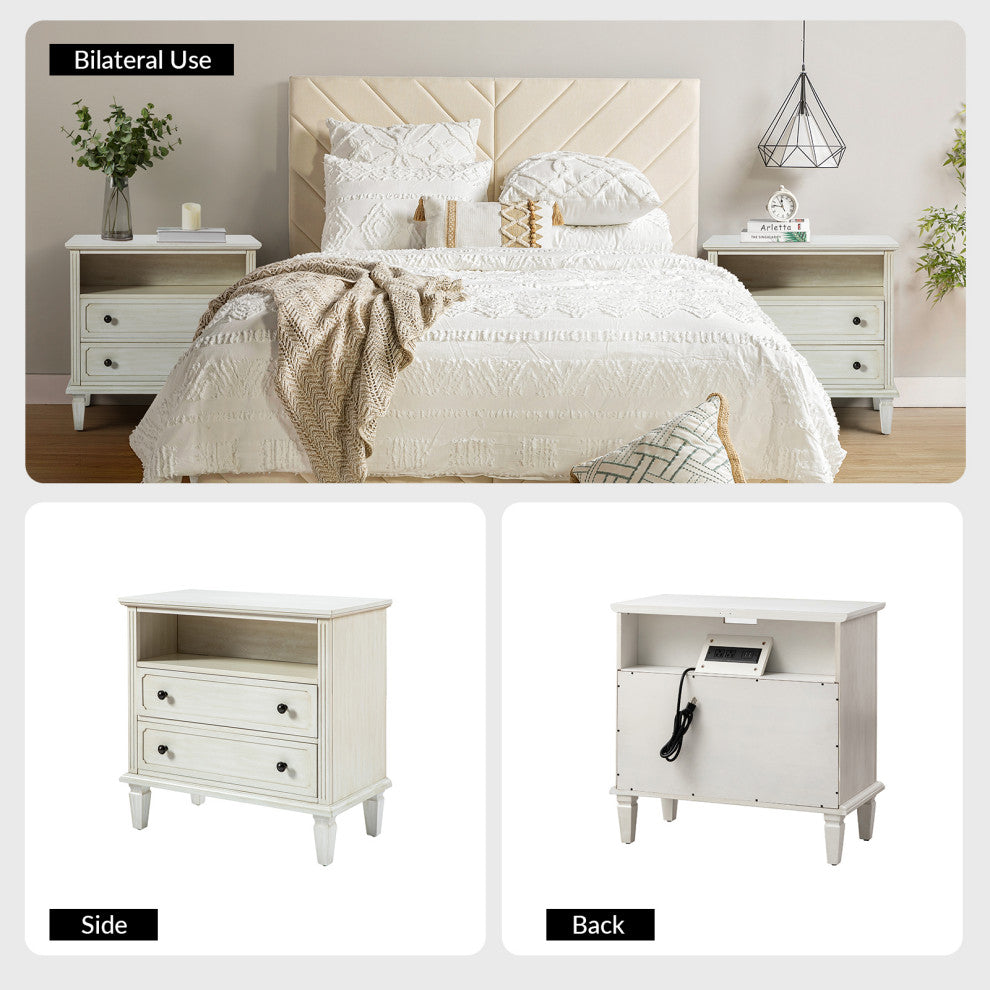 Drawer Solid Wood Nightstand Set of 2, White
