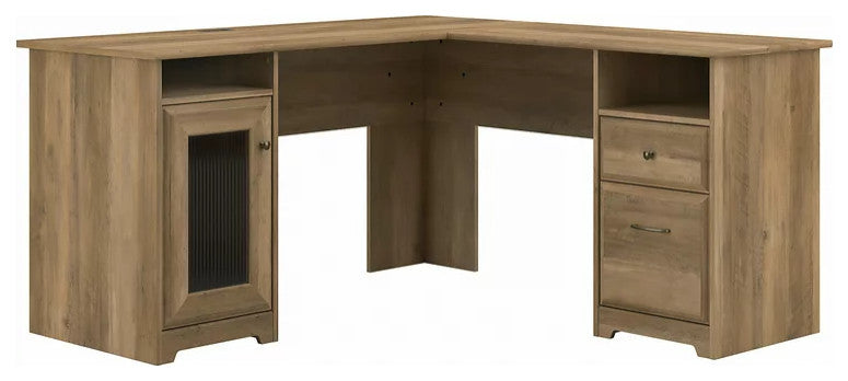 Corner Desk, 2 Drawers & Storage Cabinet With Fluted Glass Door, Reclaimed Pine