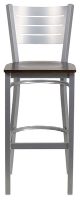 Silver Slat Back Metal Barstool, Walnut Wood Seat