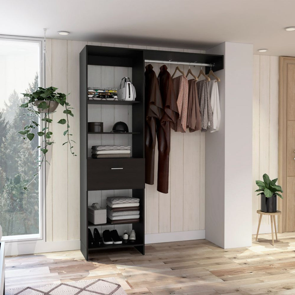 Hybrid 150 Closet System with 5 Open Shelves, 1 Drawer, and Metal Rod, Black