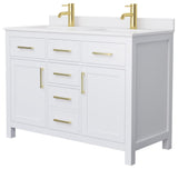 48"DBL Bath Vanity, White, White Cult. Marble Countertop, Sinks, Gold Trim