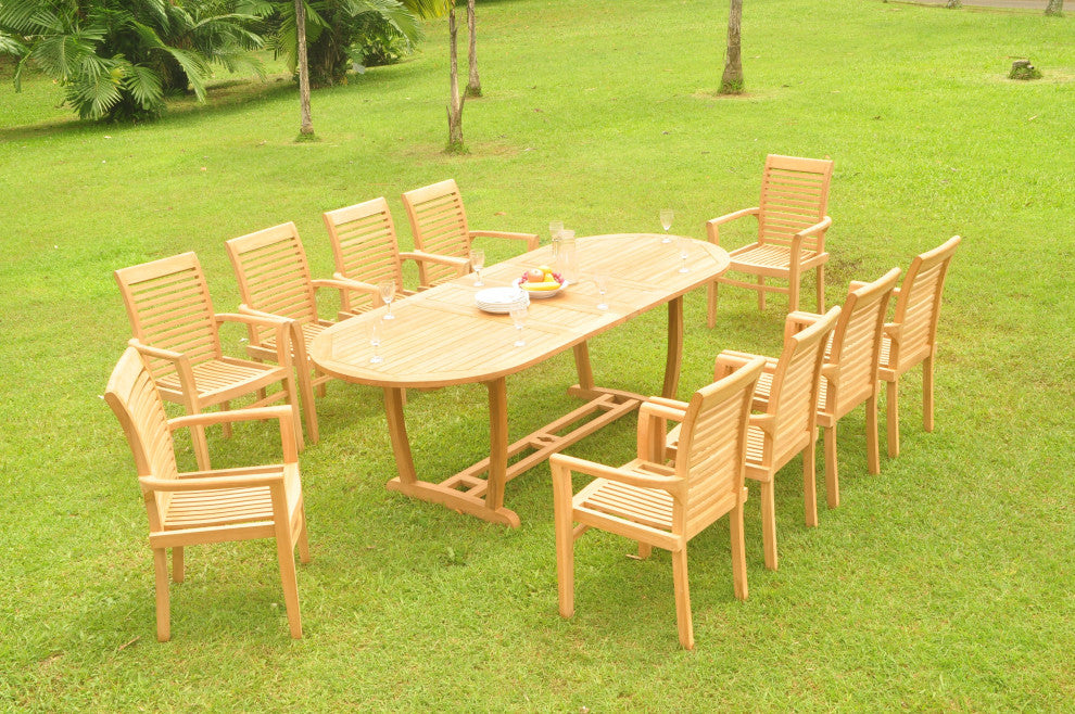 11-Piece Outdoor Teak Dining Set: 94" Oval Table, 10 Mas Stacking Arm Chairs