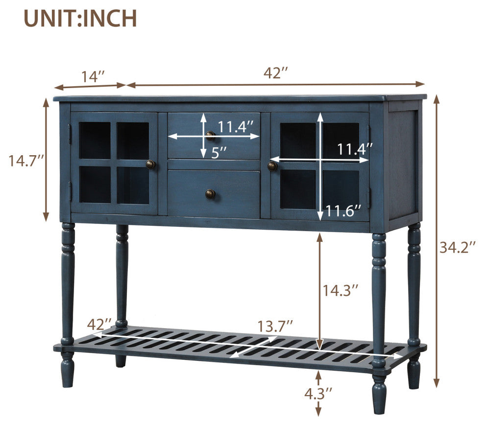 TATEUS Solid Wood  Console Table with Shelf and Storage in Antique Navy