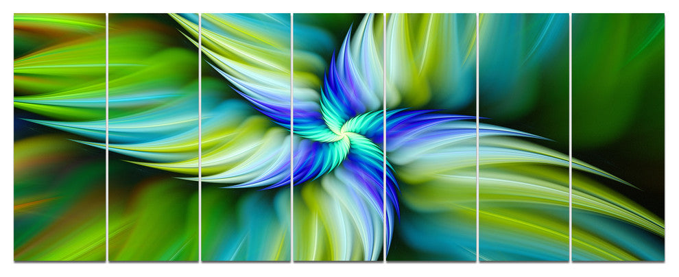 Rotating Fractal Green Star, Floral Canvas Art Print, 83"x32", 7 Panels