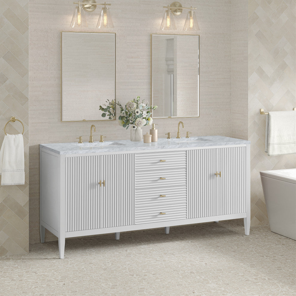 Myrrin 72" Double Vanity, Bright White, 3 CM Carrara White Marble Top