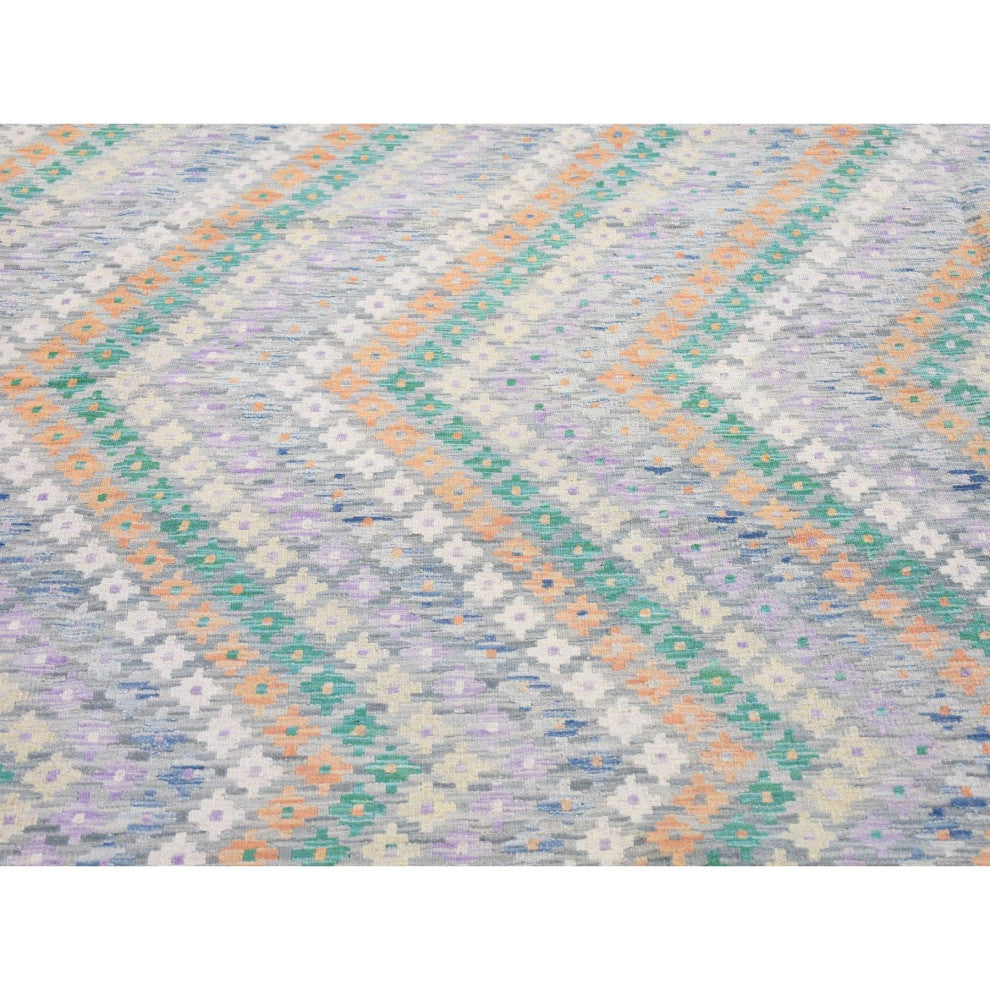 Gray Afghan Kilim with Geometric Design Pure Wool Hand Knotted Rug 10'3" x 13'5"