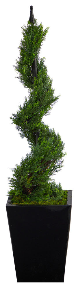44" Cypress Spiral Topiary Artificial Tree, Black Metal Planter