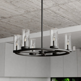 Grantley 6 Light Matte Black Wheel Chandelier Fixture Clear Glass LED Compatible