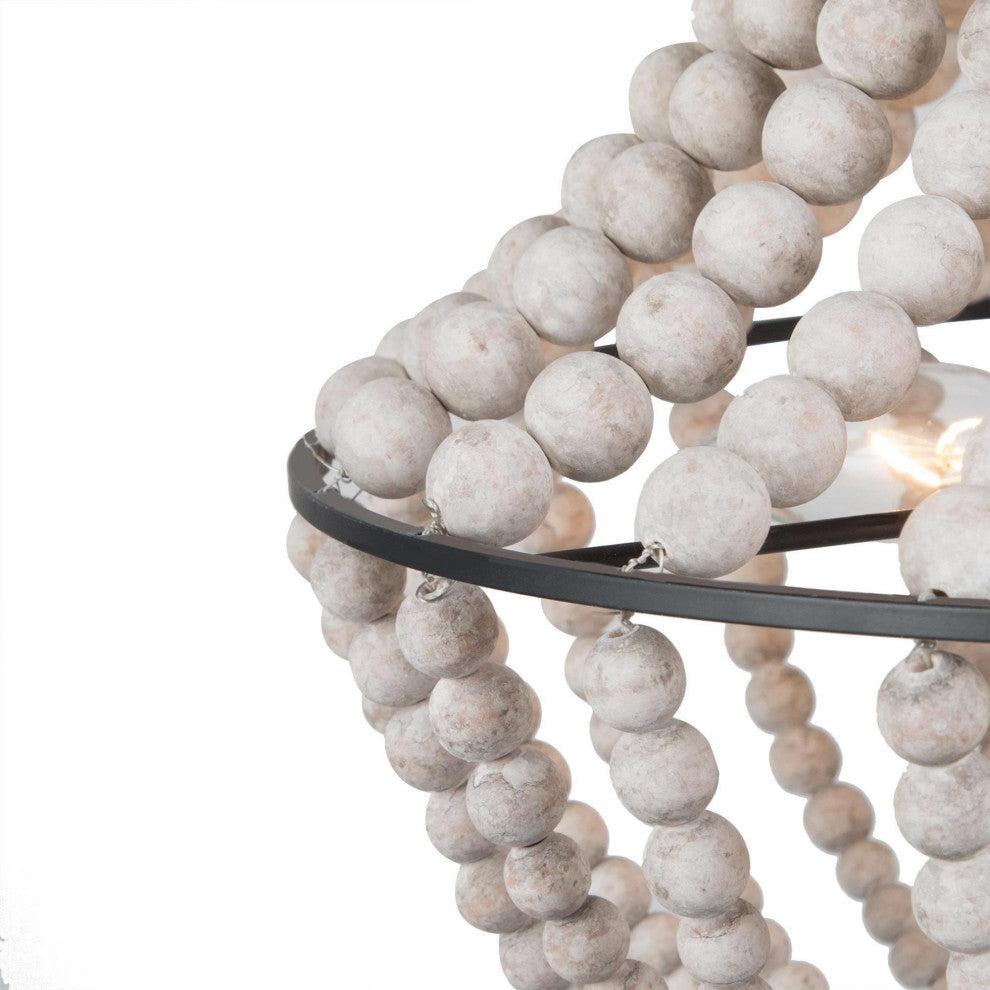 3-Light Distressed White and Matte Black Bohemian/Global Beaded LED Chandelier