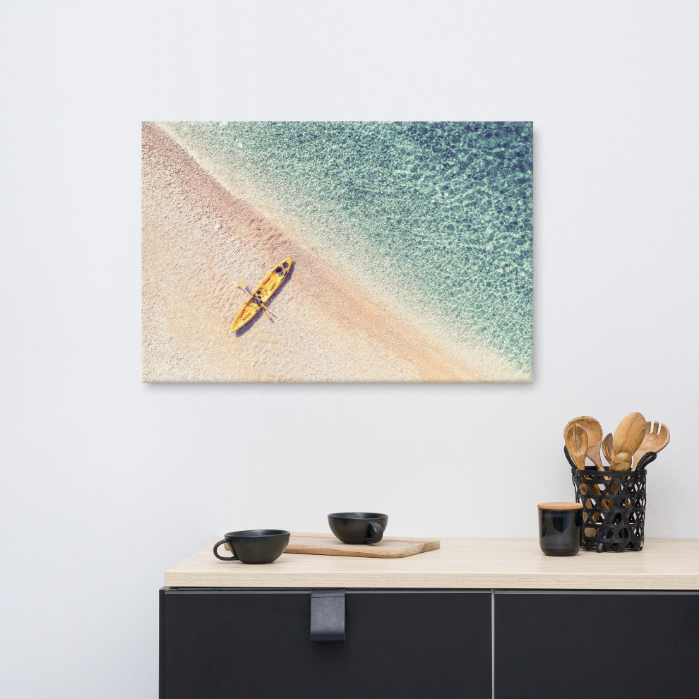 Yellow Canoe and Blue Sea by with Soft Violet Effect Canvas Wall Art Prints, 24" X 36"
