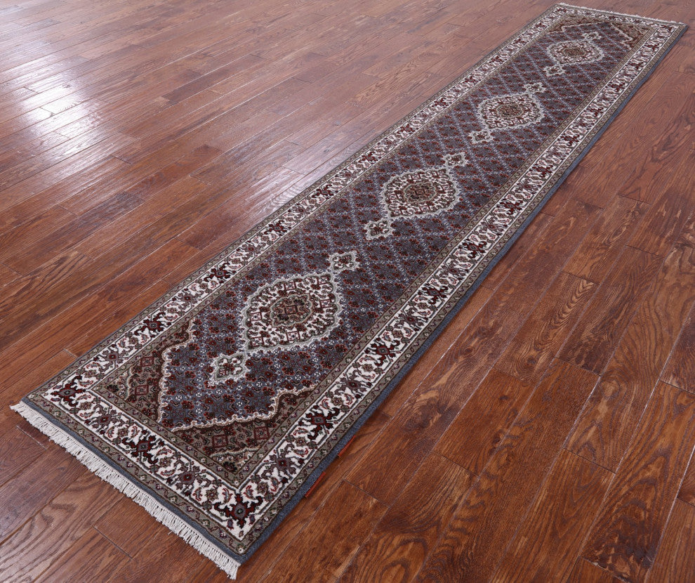 2' 6" X 12' 1" Wool and Silk Persian Tabriz Hand Knotted Runner Rug Q8949