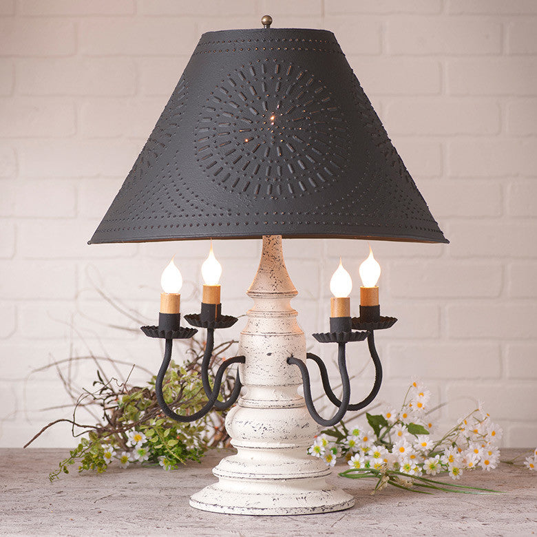 Handcrafted Wood Harrison Table Lamp With Punched Tin Shade, Vintage White