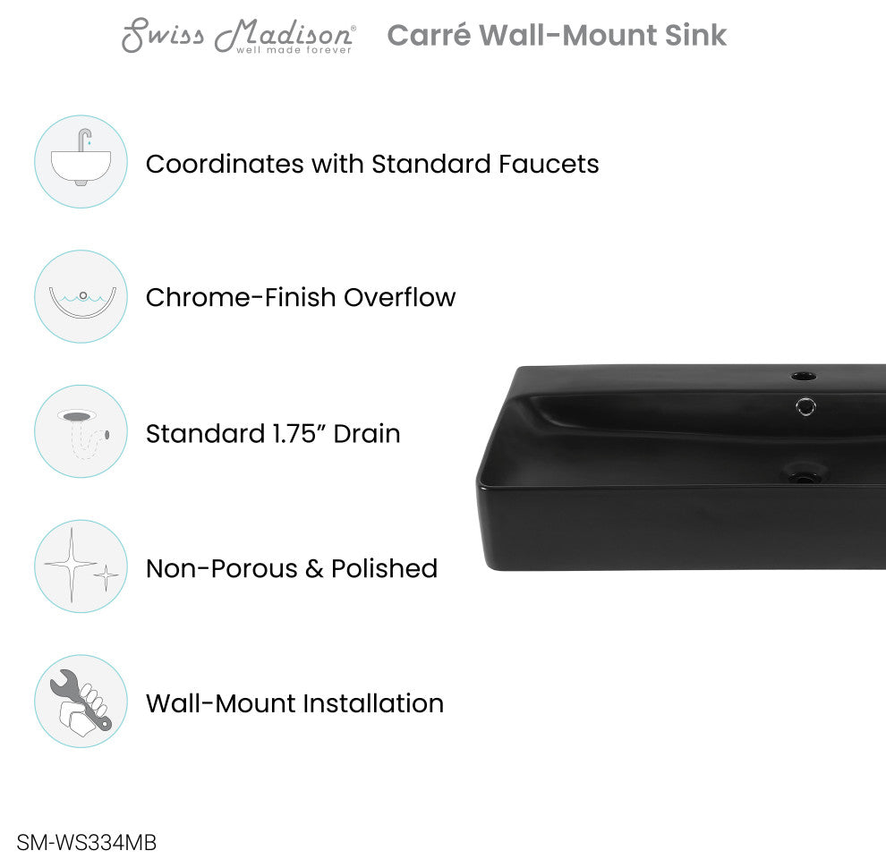Carre 36" Rectangle Wall-Mount Bathroom Sink, Matte Black