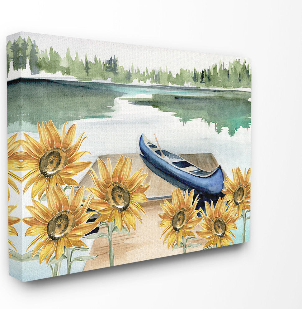 Rowboat on a Calm Lake with Sunflowers Watercolor Painting Canvas, 30"x40"