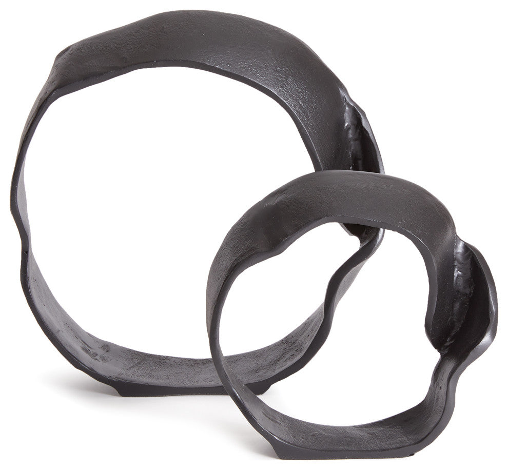 Set of 2 Modern Abstract Round Ring Circle Sculpture Black Metal Organic Shape