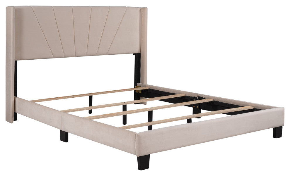 Gewnee Queen Size Velvet Upholstered Platform Bed in Beige