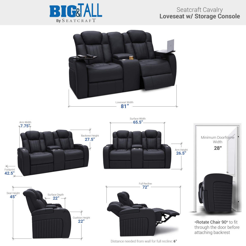 Seatcraft Cavalry Home Theater Seating, Black, Loveseat