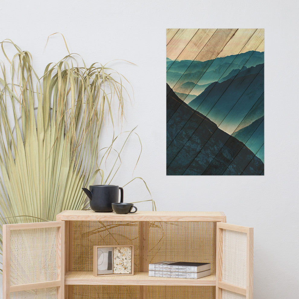 Faux Wood Misty Blue Silhouette Mountain Range Landscape Wall Art, 24" X 36"