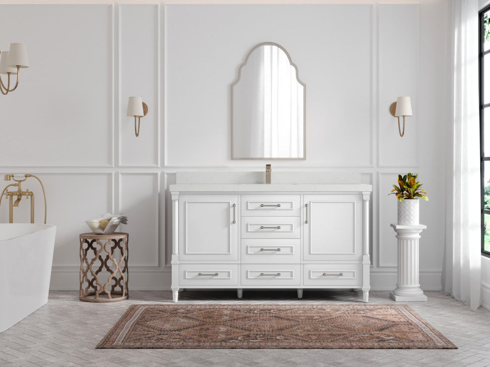 Aberdeen 60 Single Bathroom Vanity in White 2" Carrara Quartz