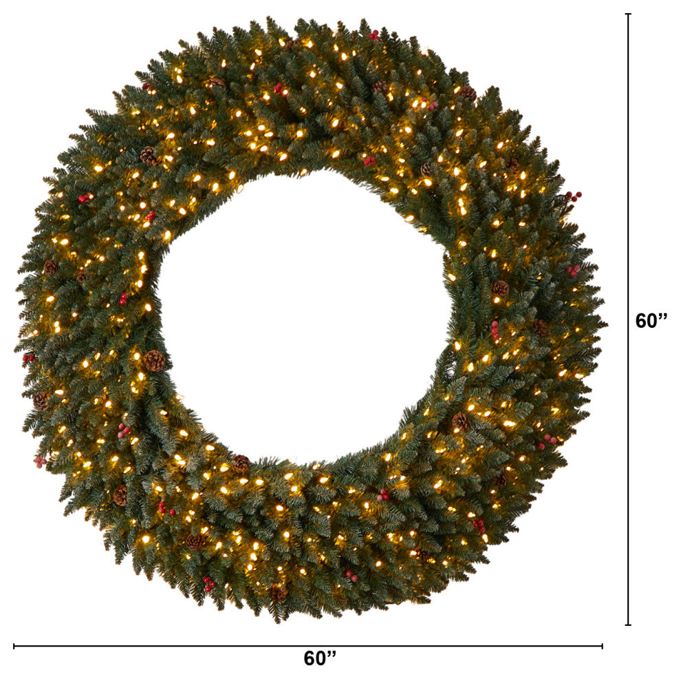 5' Large Flocked Faux Xmas Wreath W/Pinecones, Berry, Lights & Bendable Branches