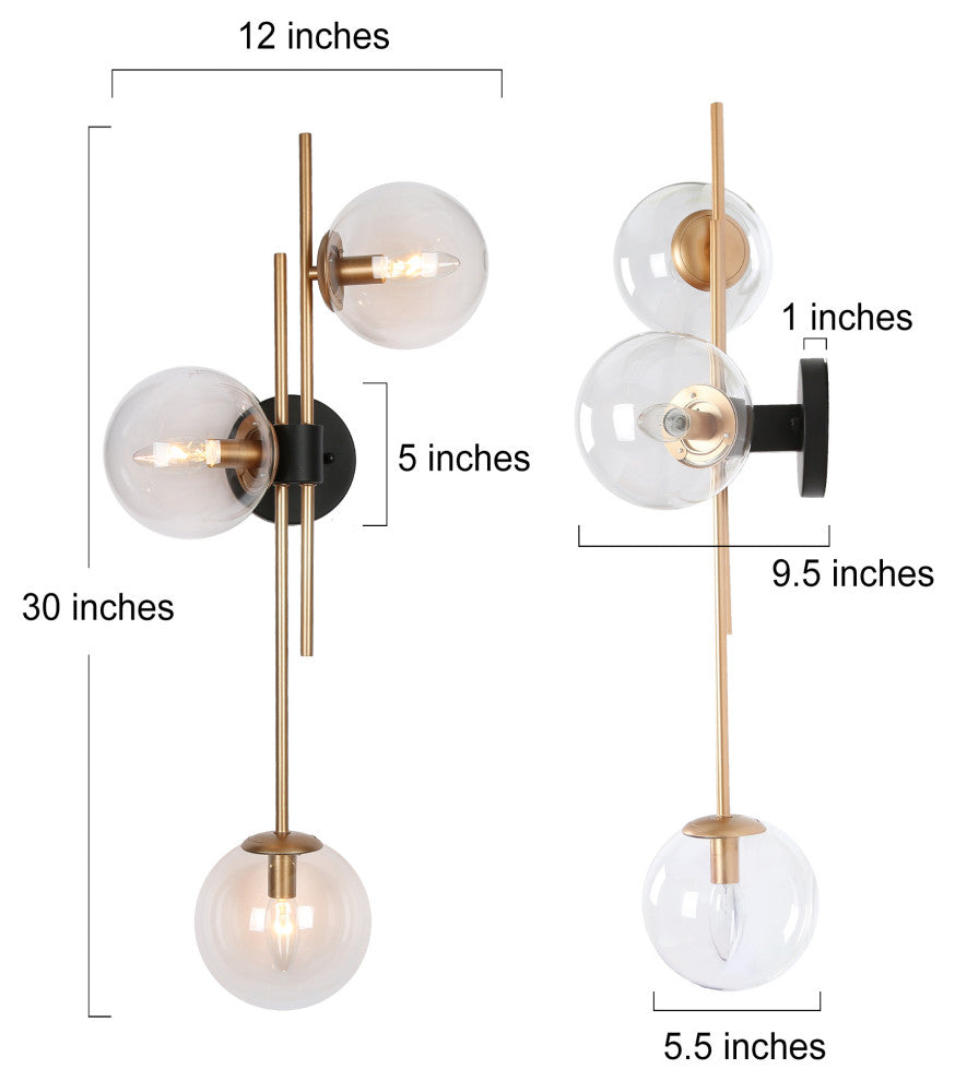 LNC 3-Light Up/Down Modern Gold Globe Wall Sconces, Black