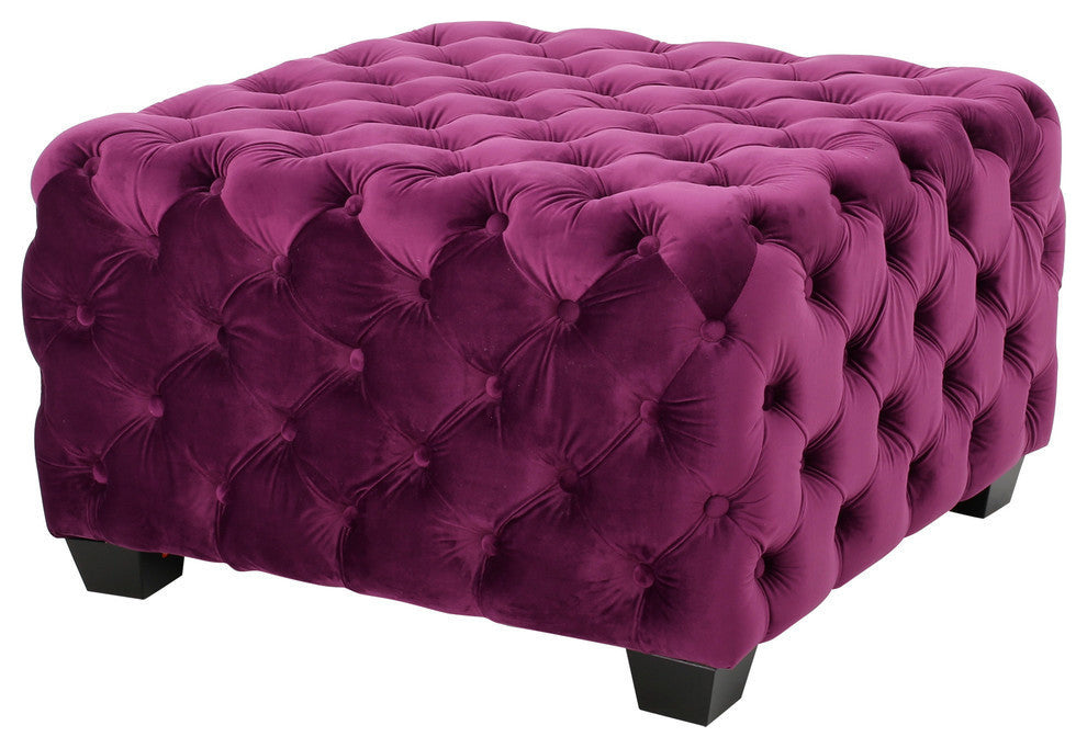 GDF Studio Provence Dark Teal Tufted Velvet Fabric Square Ottoman Bench, Fuchsia
