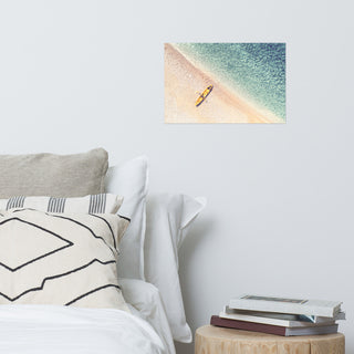 Yellow Canoe & Blue Sea with Soft Violet Effect Landscape Photo Loose Art Print, 12" X 18"