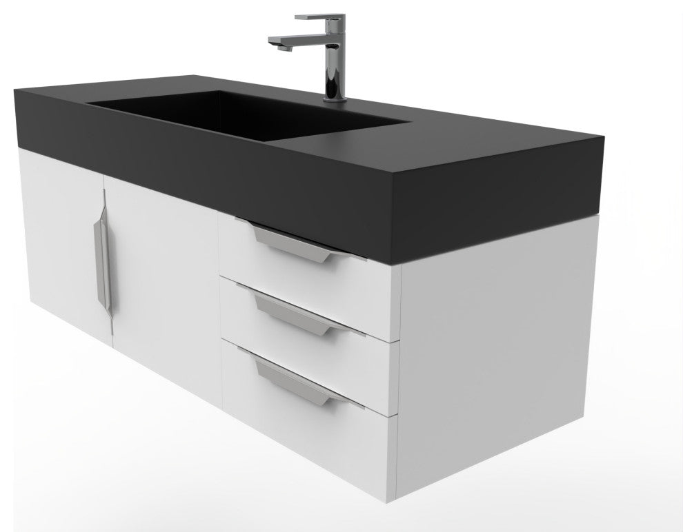 CastelloUSA Amazon 48" Wall Mounted Vanity Set, White, Black Top, Chrome Handles