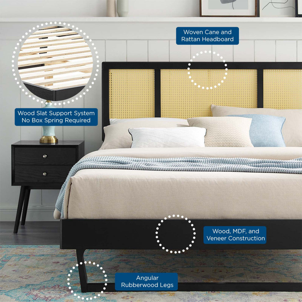 Kelsea Cane and Wood King Platform Bed With Angular Legs Black