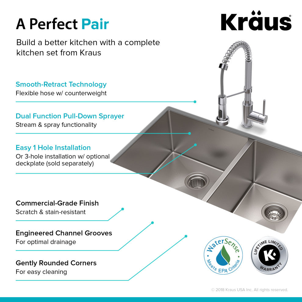 33" Undermount Stainless Steel Kitchen Sink, Pull-Down Faucet CH, Dispenser